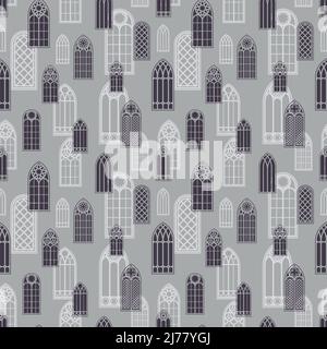 Gothic windows seamless pattern. Silhouette of vintage stained glass church frames. Vector. Stock Vector