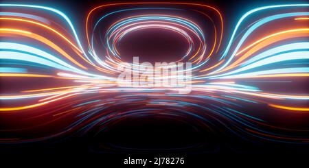 Glowing round illuminated lines with motion blur, 3d rendering. Computer digital drawing. 360-degree seamless panoramic view. Stock Photo