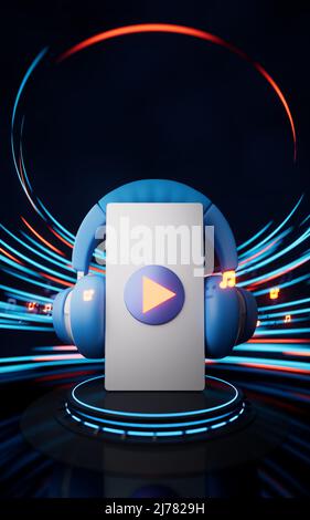 Earphone and mobile phone, 3d rendering. Computer digital drawing. Stock Photo