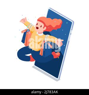 Flat 3d Isometric Woman Carrying Shopping Bags Come Out from Smartphone. Online Shopping Concept. Stock Vector