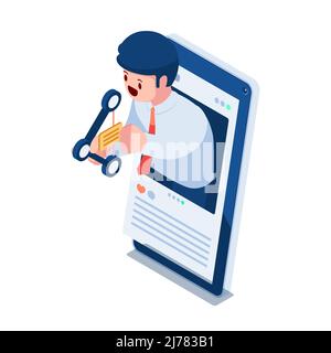 Flat 3d Isometric Businessman Sending Message by Share Icon Arrow. Social Media and Communication Concept. Stock Vector