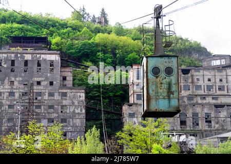 Old industrial cable car cabin in Chiatura miners town, Georgia Stock Photo