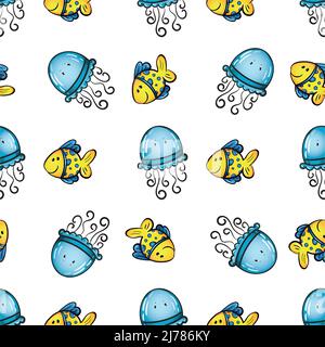 Vector seamless pattern of cartoon hand drawn sea animals, fishes, underwater plants. Perfect for textile print, baby shower, kids bedroom decor Stock Vector