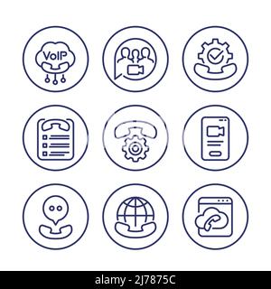 Voip telephony and video call line icons Stock Vector
