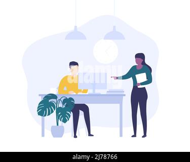 supervisor and employe working at computer, vector Stock Vector