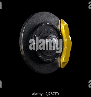 carbon ceramic car braking system brake disk with yellow caliper isolated on black background. 3d illustration