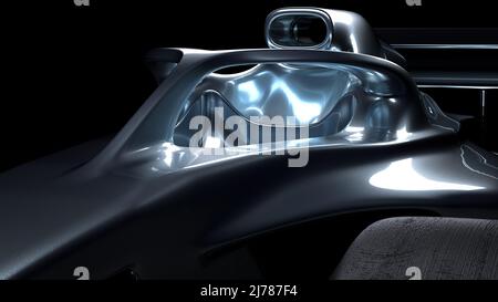 elegant dramatic super sports racing formula one car in dramatic light 2021 edition in dark black environment front side cockpit view - 3d render of b Stock Photo