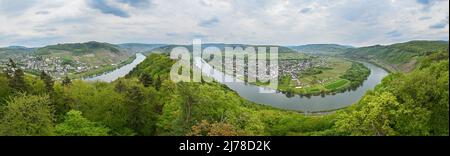 Panoramic view of loops in meandering Moselle river near Pünderich, Germany Stock Photo