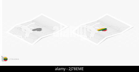 Set of two realistic map of Lithuania with shadow. The flag and map of Lithuania in isometric style. Vector template. Stock Vector