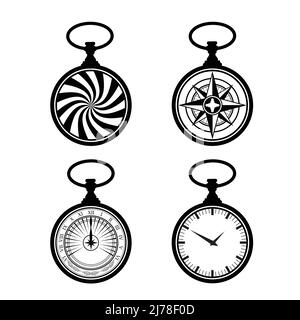 Four old watch clock and other design navigation elements Stock Vector