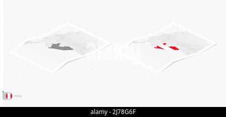 Set of two realistic map of Peru with shadow. The flag and map of Peru in isometric style. Vector template. Stock Vector