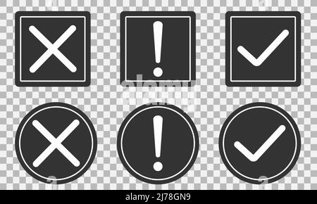 Set of flat round check mark, exclamation point, X mark icons, buttons on a isolated background. vector circle symbols.Vector illustration Stock Vector