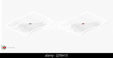 Set of two realistic map of Suriname with shadow. The flag and map of Suriname in isometric style. Vector template. Stock Vector