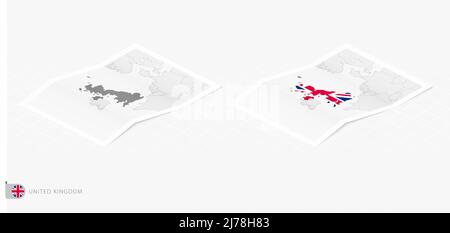 Set of two realistic map of United Kingdom with shadow. The flag and map of United Kingdom in isometric style. Vector template. Stock Vector