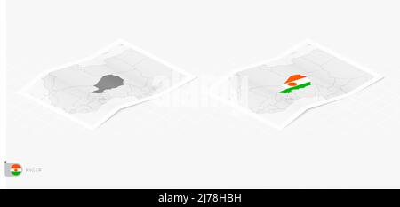 Set of two realistic map of Niger with shadow. The flag and map of Niger in isometric style. Vector template. Stock Vector