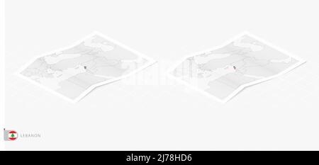 Set of two realistic map of Lebanon with shadow. The flag and map of Lebanon in isometric style. Vector template. Stock Vector