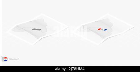 Set of two realistic map of Paraguay with shadow. The flag and map of Paraguay in isometric style. Vector template. Stock Vector