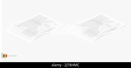 Set of two realistic map of Andorra with shadow. The flag and map of Andorra in isometric style. Vector template. Stock Vector