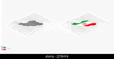 Set of two realistic map of Iran with shadow. The flag and map of Iran in isometric style. Vector template. Stock Vector