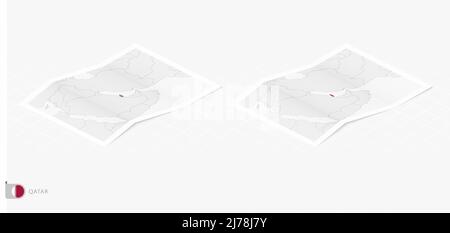 Set of two realistic map of Qatar with shadow. The flag and map of Qatar in isometric style. Vector template. Stock Vector