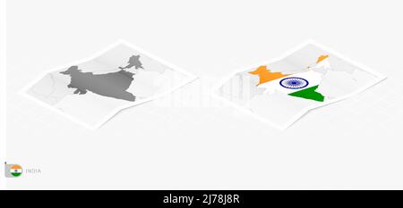 Set of two realistic map of India with shadow. The flag and map of India in isometric style. Vector template. Stock Vector