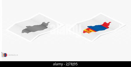 Set of two realistic map of Mongolia with shadow. The flag and map of Mongolia in isometric style. Vector template. Stock Vector