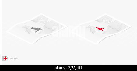 Set of two realistic map of England with shadow. The flag and map of England in isometric style. Vector template. Stock Vector