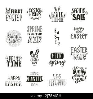 A set of handwritten phrases and quotes on the theme of Easter, Spring. Hand lettering for the design of greeting cards, social media, gift tags. Blac Stock Vector