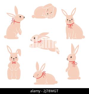 Easter Bunny set. Cute rabbits characters in different poses. Sitting, jumping, sleeping hare. Cute pink animals for kids design. Cartoon flat vector Stock Vector