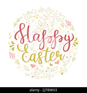 Happy Easter. Floral circle frame. Calligraphy back and white greeting card. Hand drawn design elements. Handwritten brush lettering. Vector illustrat Stock Vector