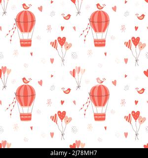 Valentine's Day Seamless pattern with flying hot air balloon, birds, hearts. Color vector illustration on a white background. Perfect for wrapping pap Stock Vector