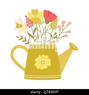 Watering can with simple spring flowers, twigs, herbs. Cute decorative element in cartoon style for Easter and Spring greeting cards. Color vector ill Stock Vector