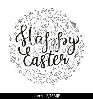 Happy Easter. Floral circle frame. Calligraphy pastel colored greeting card. Hand drawn design elements. Handwritten brush lettering. Vector illustrat Stock Vector