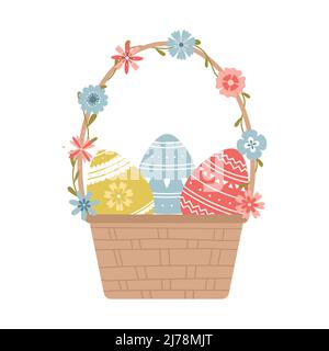 Easter eggs with a pattern in a wicker basket with flowers. Decorated eggs, a symbol of Easter. Decorative element for greeting cards. Color vector il Stock Vector