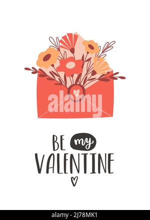 A postcard with an envelope with a bouquet of simple flowers and a handwritten phrase - Be my Valentine. A symbol of love, romance, Valentine's Day, . Stock Vector