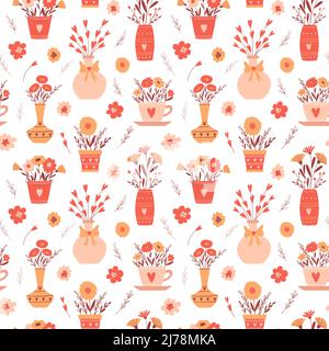 Seamless pattern with simple red and yellow flowers, bouquets in vases, a cup. Vector illustration on a white background. Perfect for wrapping paper f Stock Vector