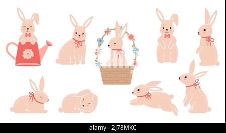 Easter Bunny set. Cute rabbits in different poses. Symbol of Great Easter. Cute design elements. Pink ears, muzzle and paws. Cartoon flat vector colle Stock Vector