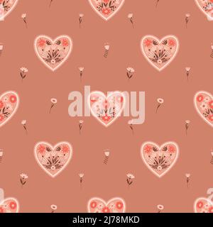 Vector Seamless pattern with creative floral hearts with simple twigs, flowers. Color backdrop for wrapping paper, greeting card, scrapbooking, fabric Stock Vector