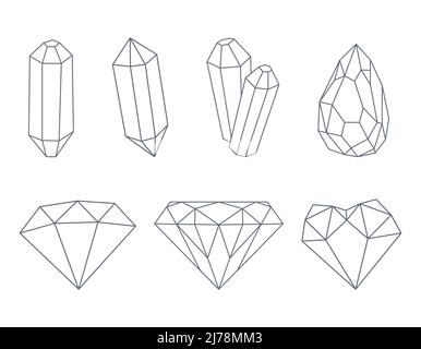 A set of crystals, diamonds, quartz, gemstones. Outline decorative elements. Vector illustrations isolated on a white background. Stock Vector