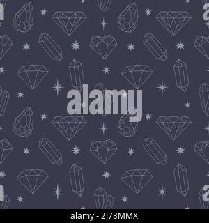Vector seamless pattern with outline crystals, diamonds, diamonds, stars on a dark blue background. For wrapping paper, T-shirts, scrapbooking. Textil Stock Vector