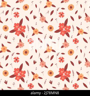Seamless pattern with simple, floral, botanical, elements, buds, blooming flowers, twigs, leaves. Hand-drawn color vector illustrations on light beige Stock Vector