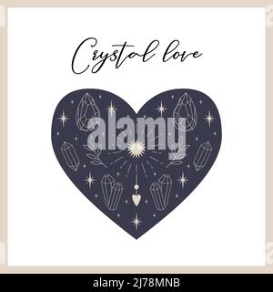 Square postcard with outline crystals, sun, stars on a blue heart shape background. Mysterious, mystical symbols. Crystal love. A card with boho, cele Stock Vector