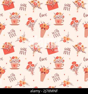Valentine's day, birthday seamless pattern with simple red and yellow flowers, bouquets in an envelope, a cup, handwritten words With love. Vector ill Stock Vector