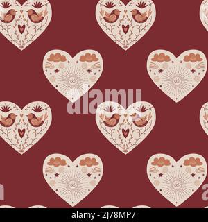 Vector Seamless pattern with creative hearts with mystical, celestial elements, birds, clouds, sun, twigs on a dark red background. For wrapping paper Stock Vector