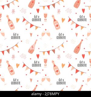 Seamless pattern with decorated bottles of wine, glasses and festive flags, phrase Let's celebrate. Cute color vector illustrations on white. Perfect Stock Vector
