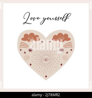 Square symmetrical postcard with the sun and rays, stars, closed eyes on the heart shape. Mysterious, mystical, boho, celestial symbols. Love yourself Stock Vector