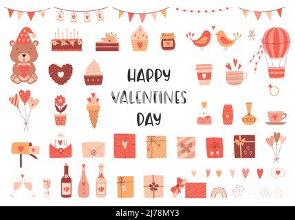 A set of design elements on the theme of Valentine's Day, birthday. Bear, sweets, gift boxes, birds, balloons. Color vector illustrations isolated on Stock Vector