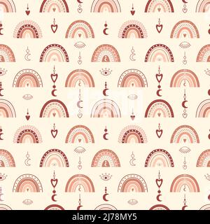 Seamless pattern with boho rainbows, hearts, crescent moon in neutral pastel colors. Perfect for packaging paper design. Vector illustrations on a lig Stock Vector