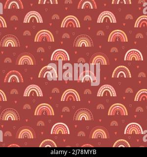 Seamless pattern with boho rainbows, hearts and boho elements. Perfect for packaging paper, home textiles. Vector illustrations on a brown-red backgro Stock Vector