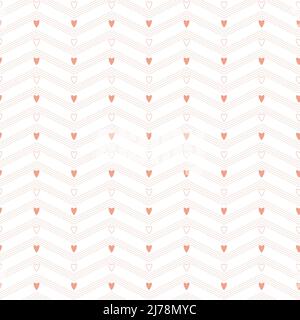 A simple seamless minimalistic pattern with pink hearts and zigzag stripes on a white background. Perfect for Valentine's day packaging and wrapping p Stock Vector